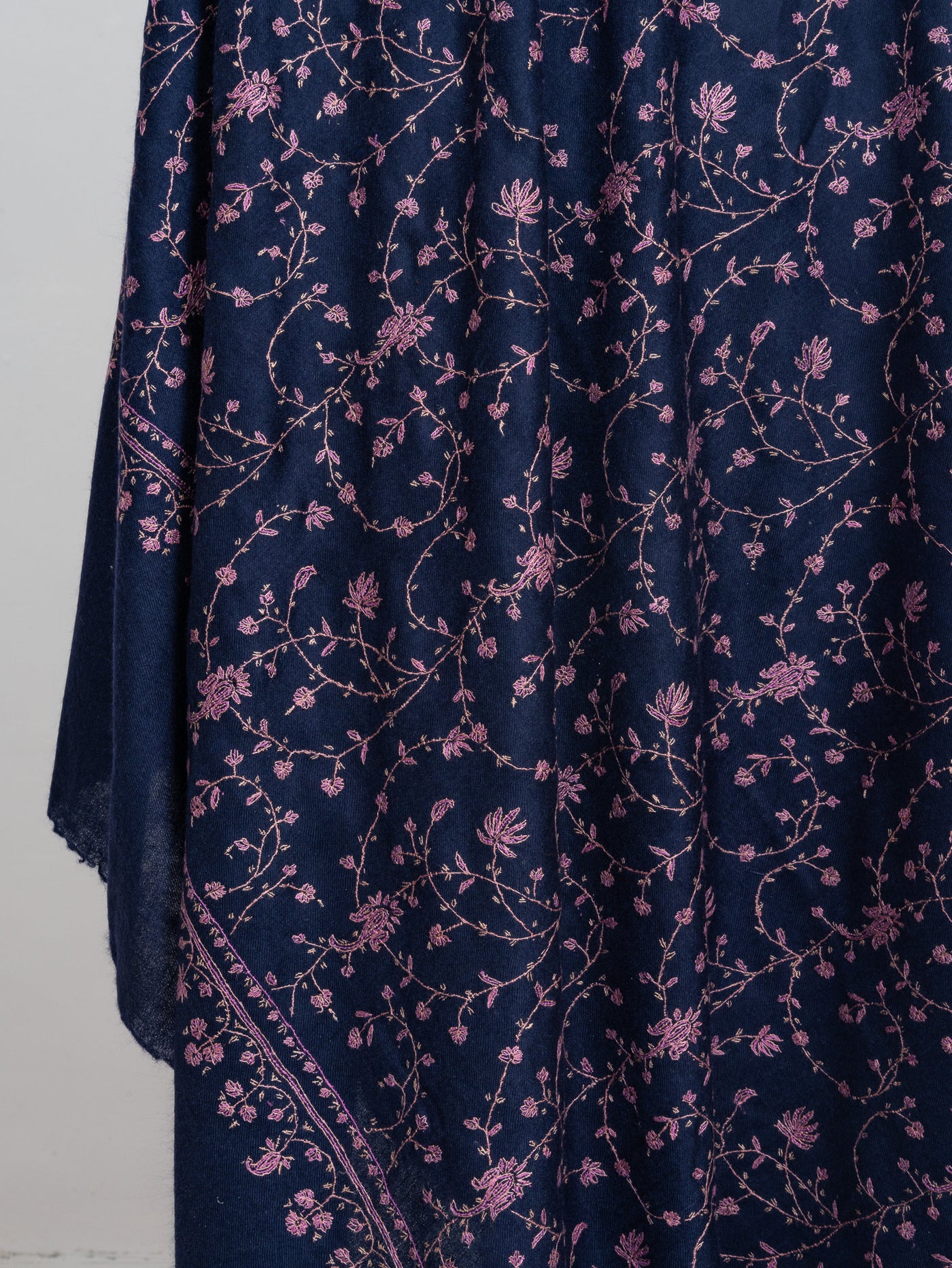 2.5 Yards: Sozni Hand Embroidered Pashmina: Midnight Bloom All Over Trail