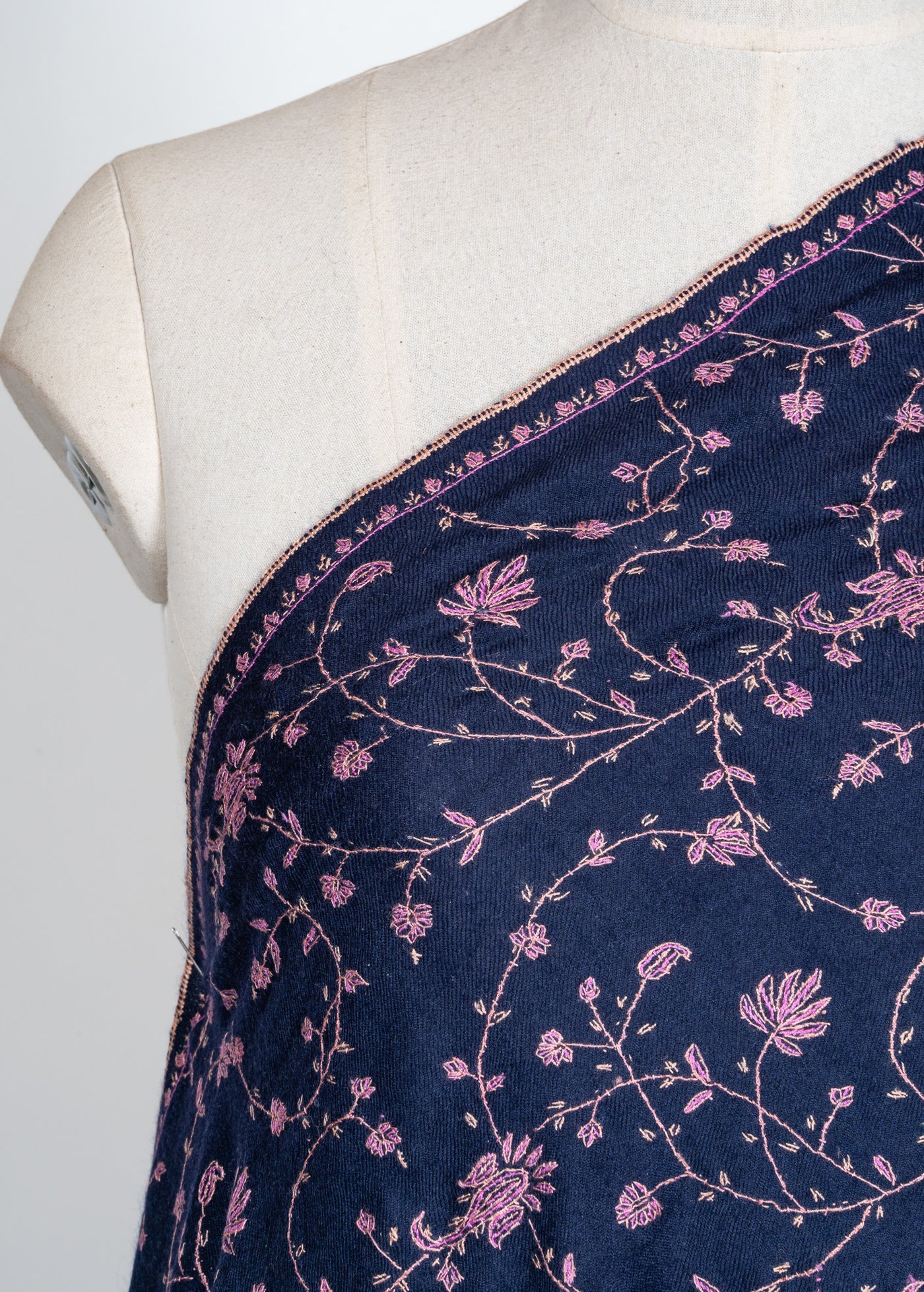 2.5 Yards: Sozni Hand Embroidered Pashmina: Midnight Bloom All Over Trail