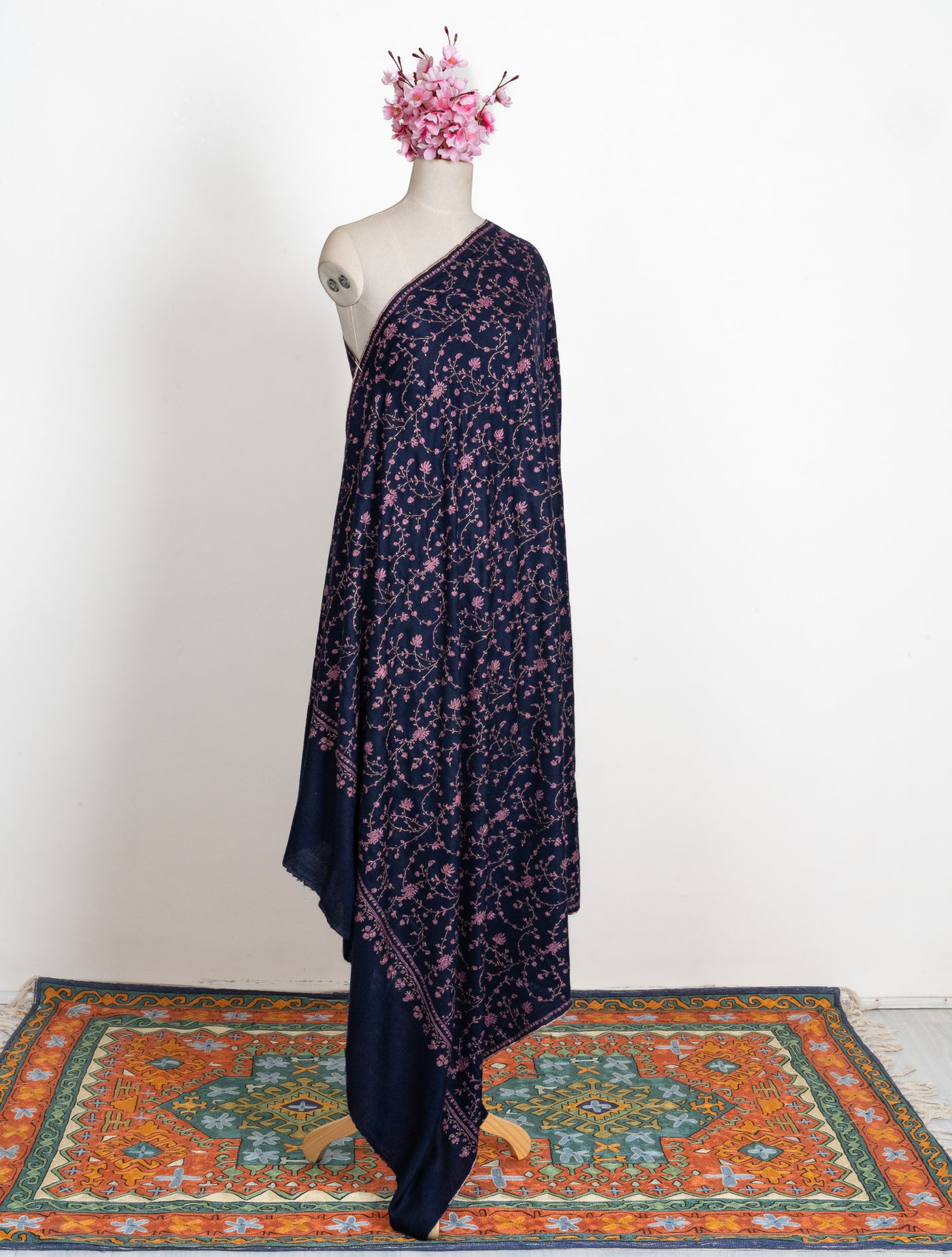 2.5 Yards: Sozni Hand Embroidered Pashmina: Midnight Bloom All Over Trail