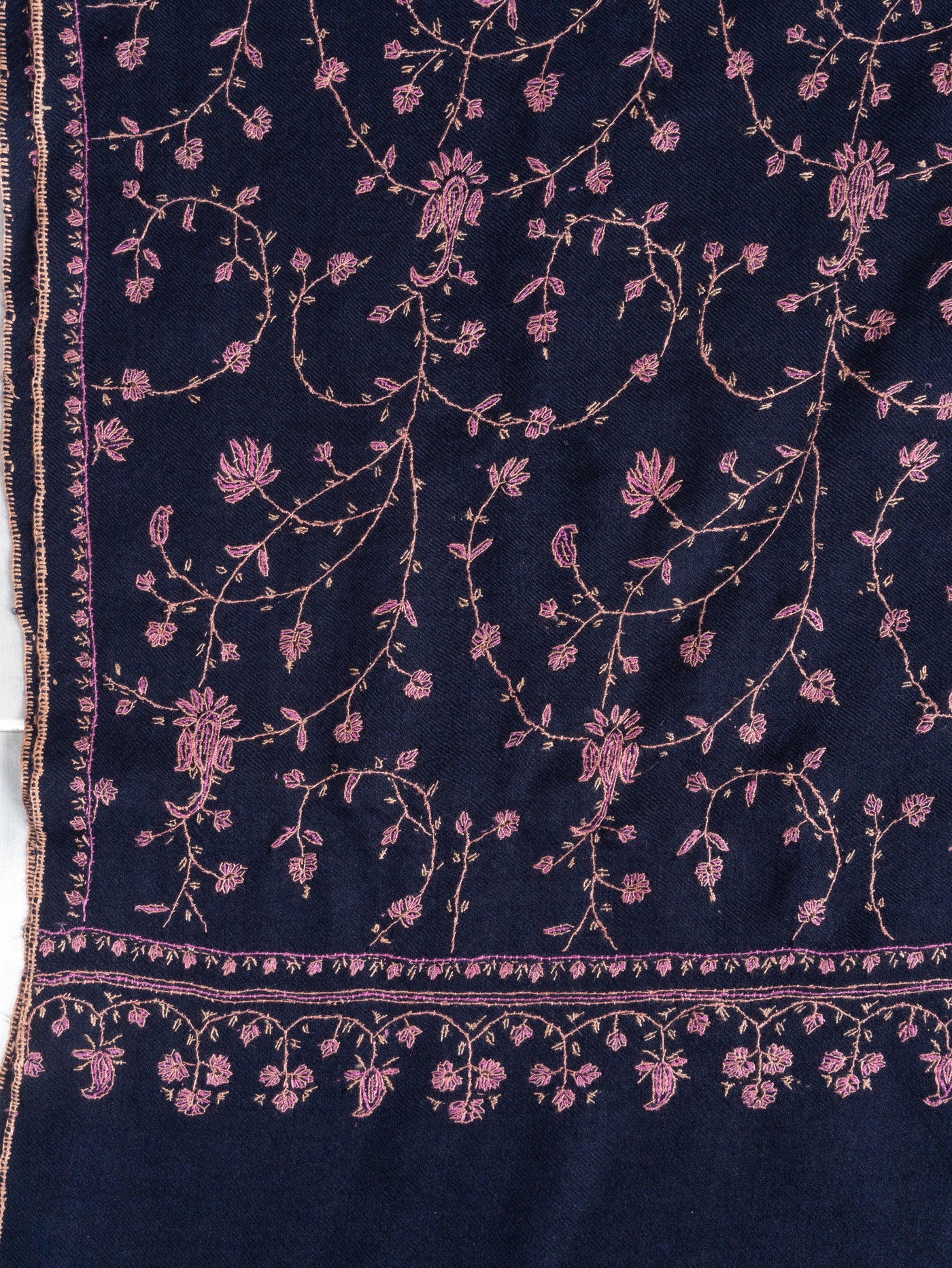 2.5 Yards: Sozni Hand Embroidered Pashmina: Midnight Bloom All Over Trail