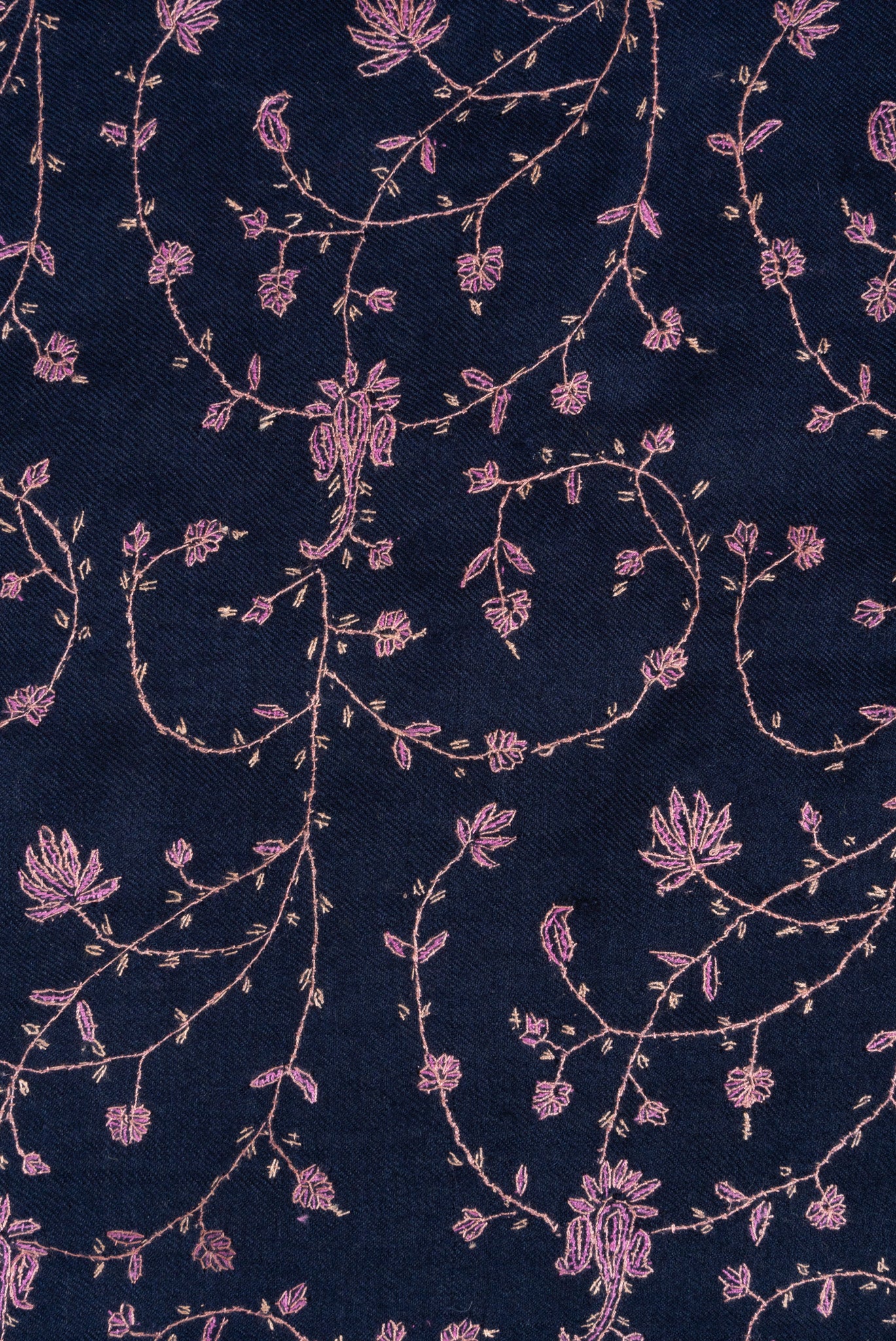 2.5 Yards: Sozni Hand Embroidered Pashmina: Midnight Bloom All Over Trail