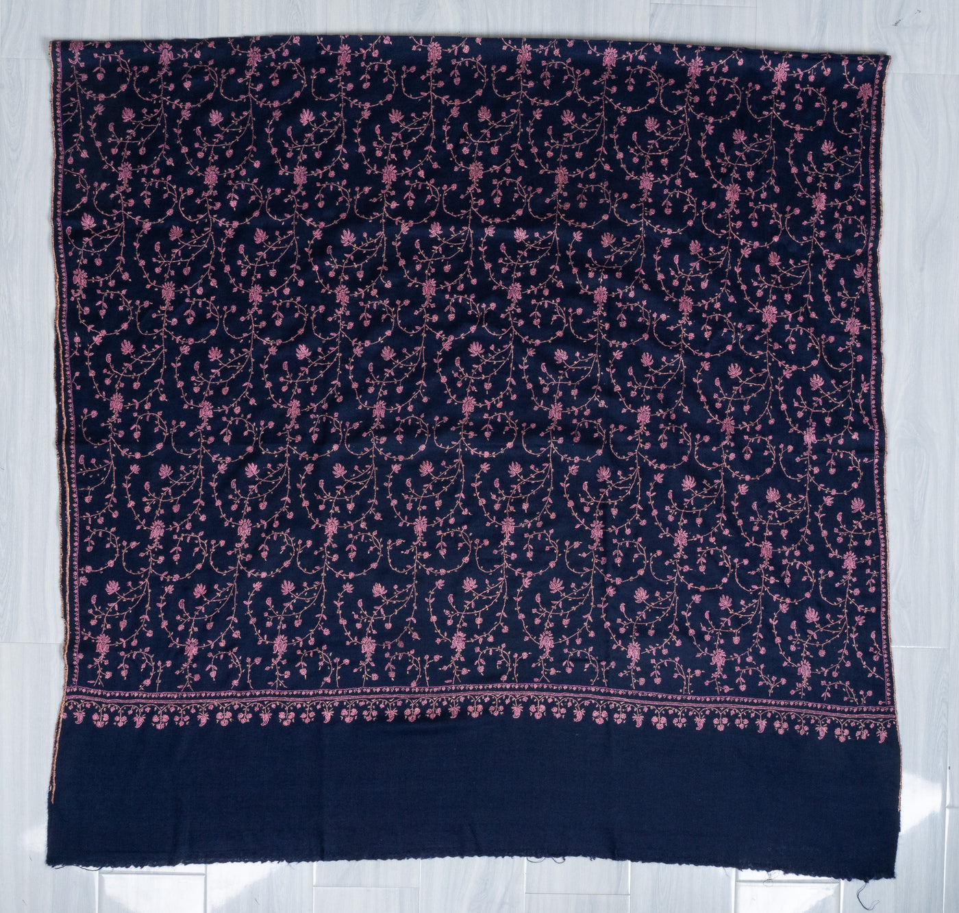 2.5 Yards: Sozni Hand Embroidered Pashmina: Midnight Bloom All Over Trail
