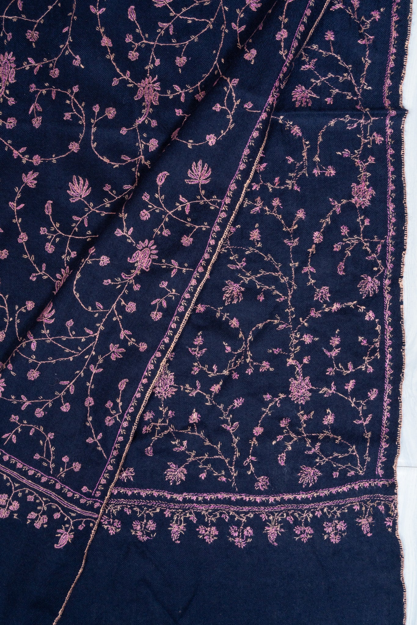 2.5 Yards: Sozni Hand Embroidered Pashmina: Midnight Bloom All Over Trail