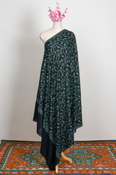 2.5 Yards: Sozni Hand Embroidered Pashmina: Black Garden Trellis Cascade