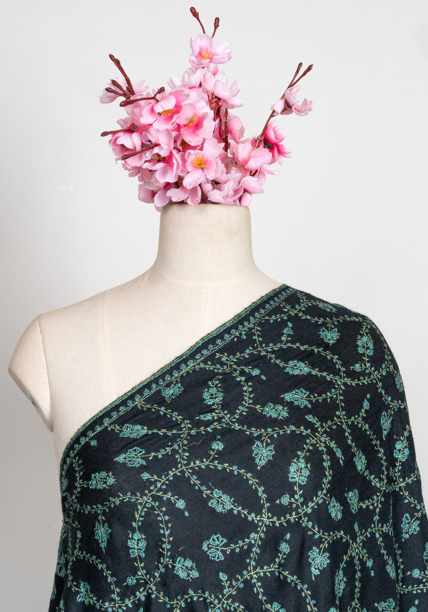 2.5 Yards: Sozni Hand Embroidered Pashmina: Black Garden Trellis Cascade