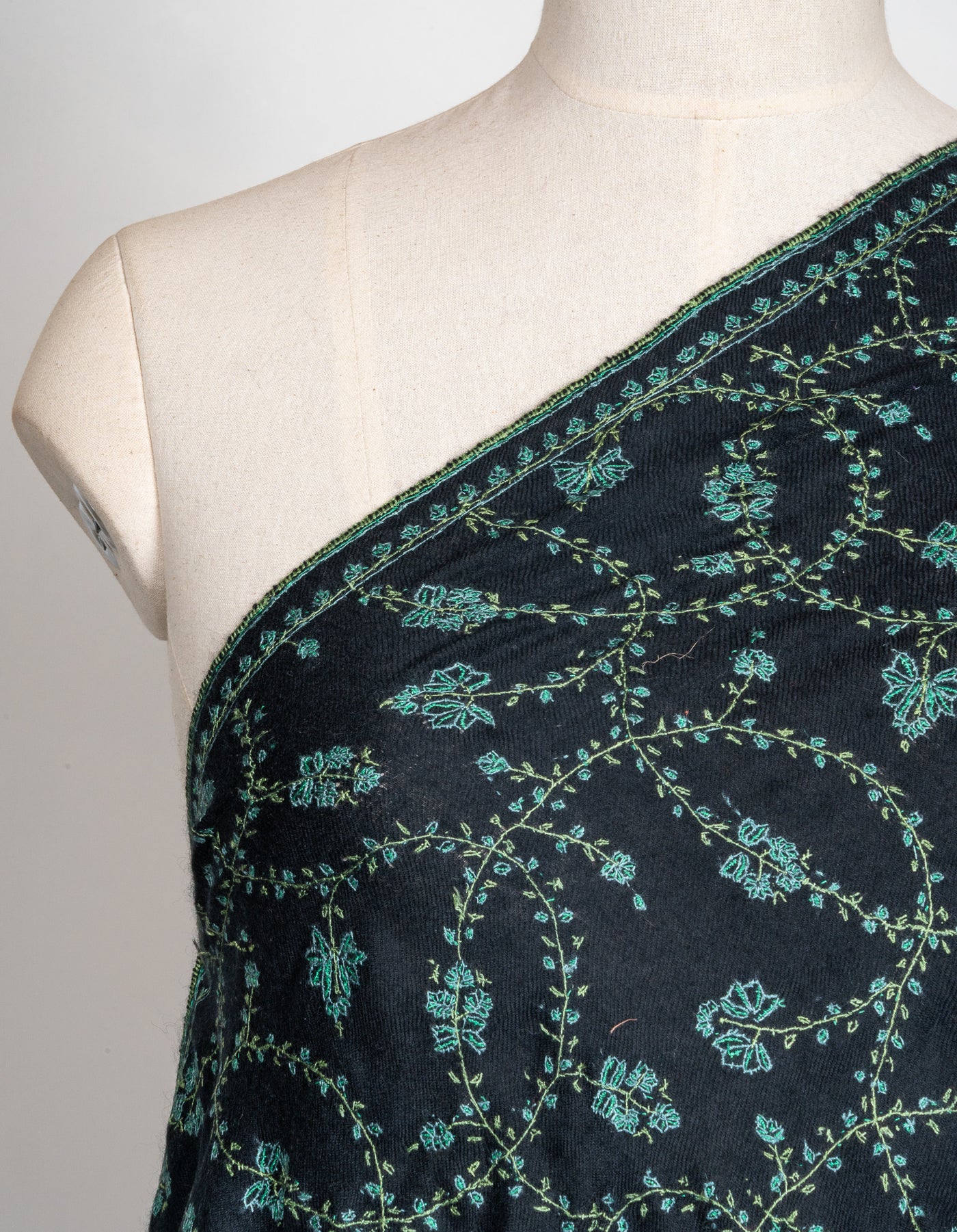 2.5 Yards: Sozni Hand Embroidered Pashmina: Black Garden Trellis Cascade