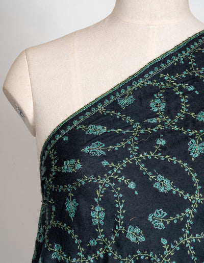 2.5 Yards: Sozni Hand Embroidered Pashmina: Black Garden Trellis Cascade