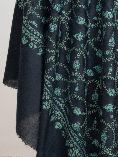 2.5 Yards: Sozni Hand Embroidered Pashmina: Black Garden Trellis Cascade