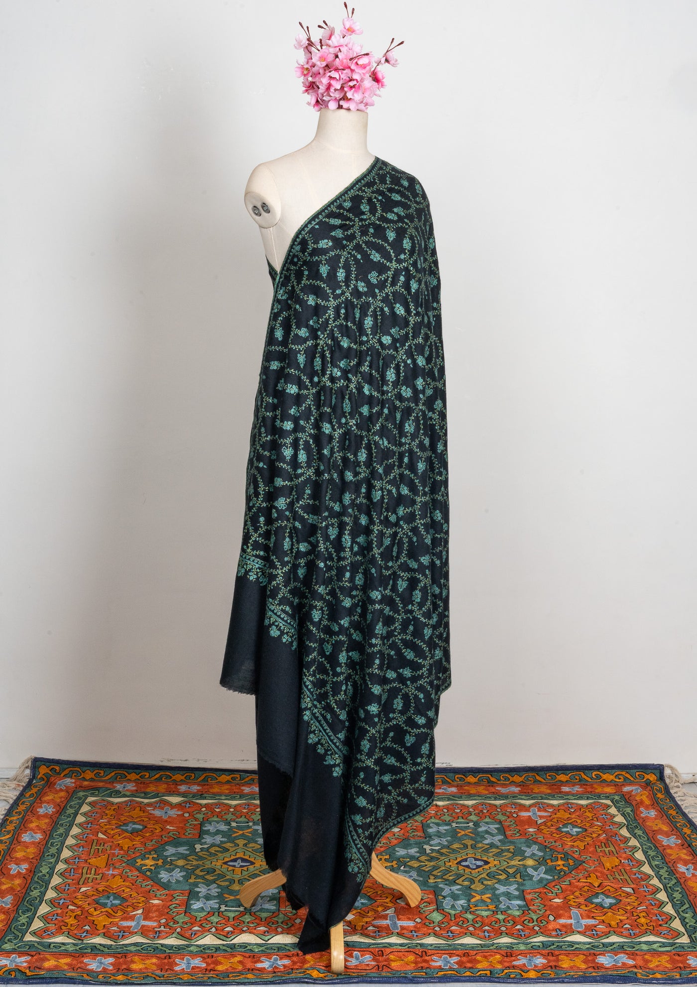 2.5 Yards: Sozni Hand Embroidered Pashmina: Black Garden Trellis Cascade