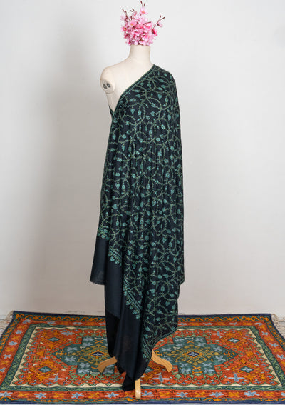 2.5 Yards: Sozni Hand Embroidered Pashmina: Black Garden Trellis Cascade