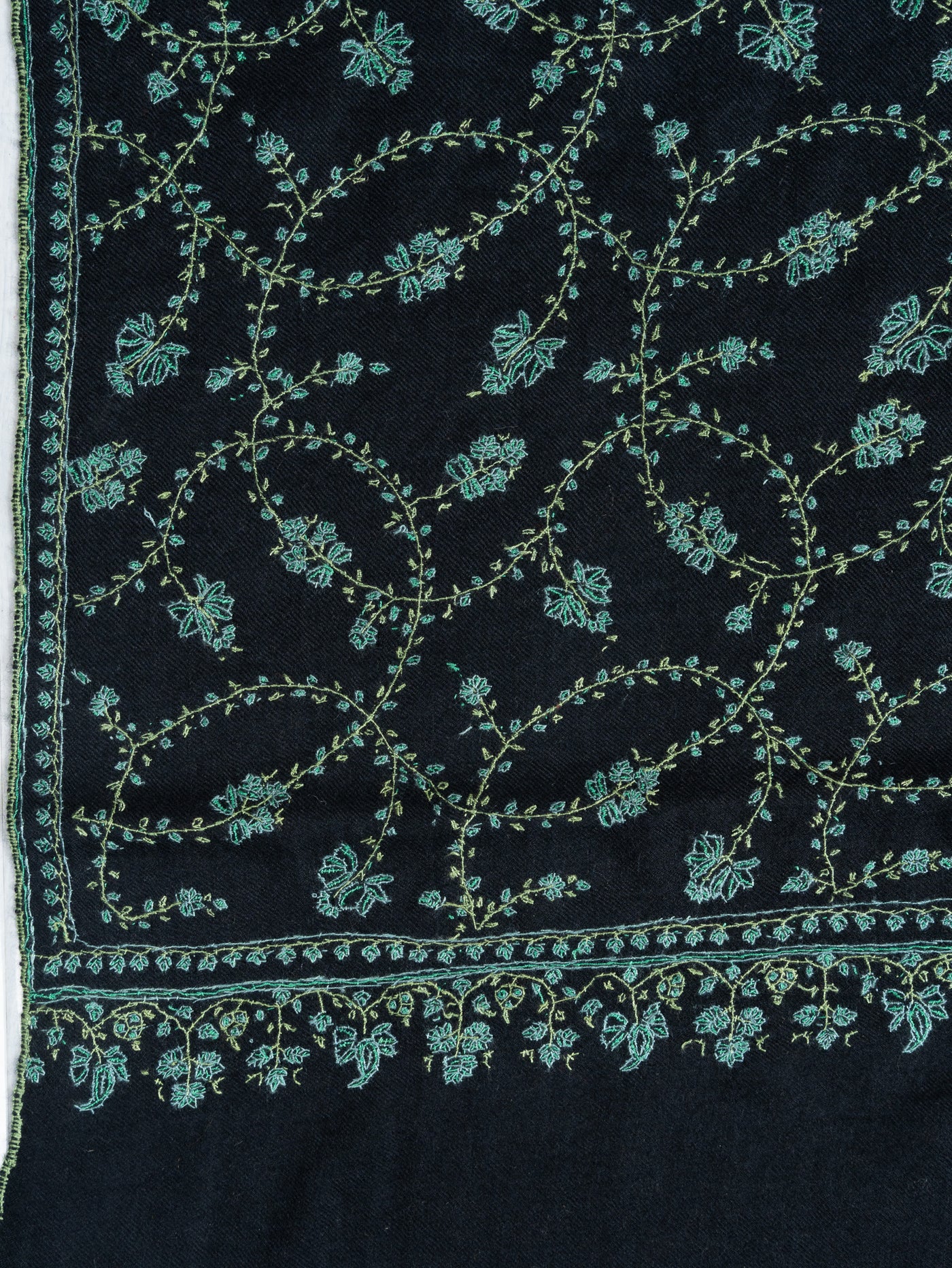 2.5 Yards: Sozni Hand Embroidered Pashmina: Black Garden Trellis Cascade