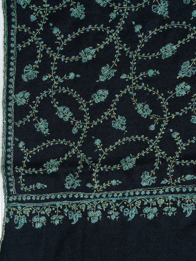 2.5 Yards: Sozni Hand Embroidered Pashmina: Black Garden Trellis Cascade