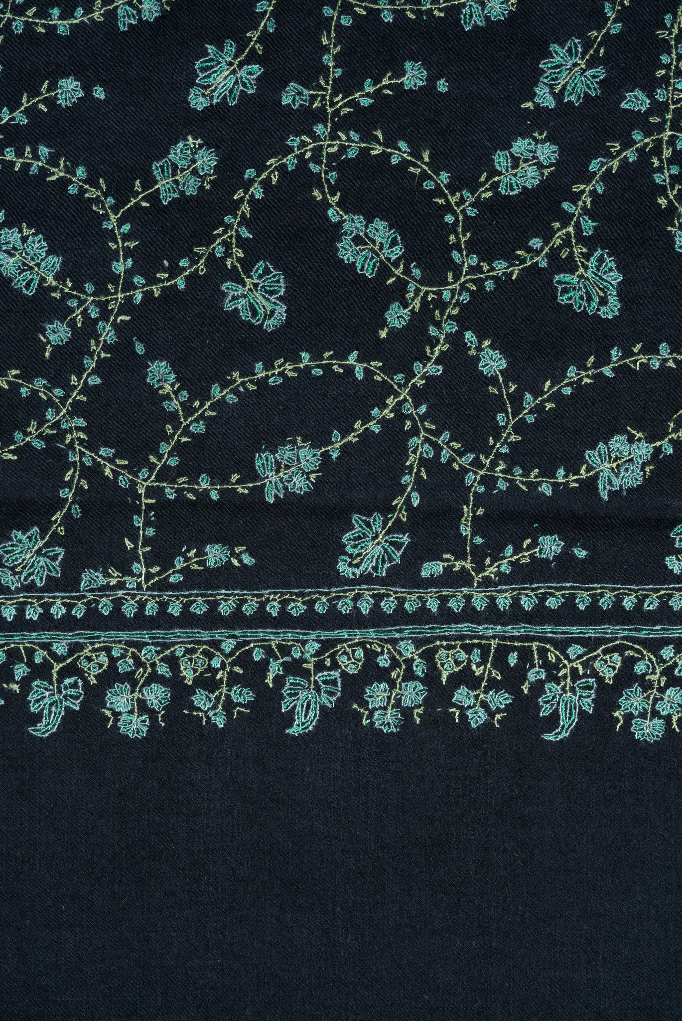 2.5 Yards: Sozni Hand Embroidered Pashmina: Black Garden Trellis Cascade