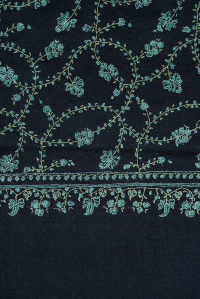 2.5 Yards: Sozni Hand Embroidered Pashmina: Black Garden Trellis Cascade