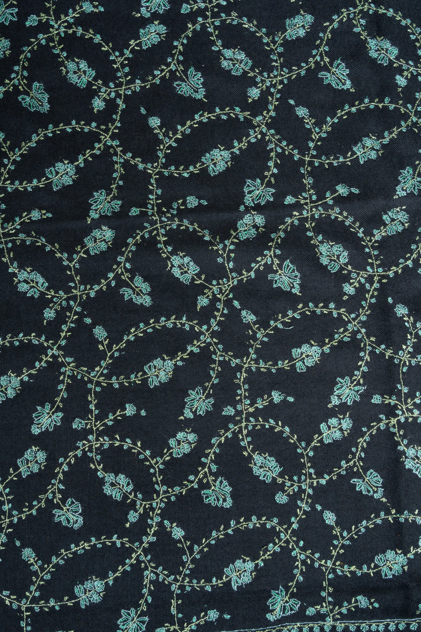 2.5 Yards: Sozni Hand Embroidered Pashmina: Black Garden Trellis Cascade