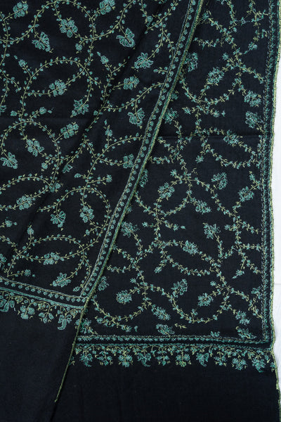2.5 Yards: Sozni Hand Embroidered Pashmina: Black Garden Trellis Cascade