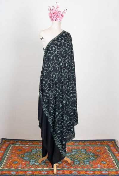 2.5 yards Sozni Hand Embroidered Pashmina: Midnight Teal Floral Trail