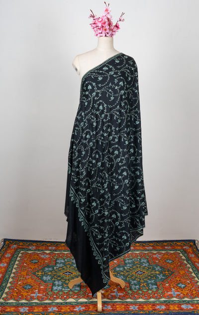 2.5 yards Sozni Hand Embroidered Pashmina: Midnight Teal Floral Trail