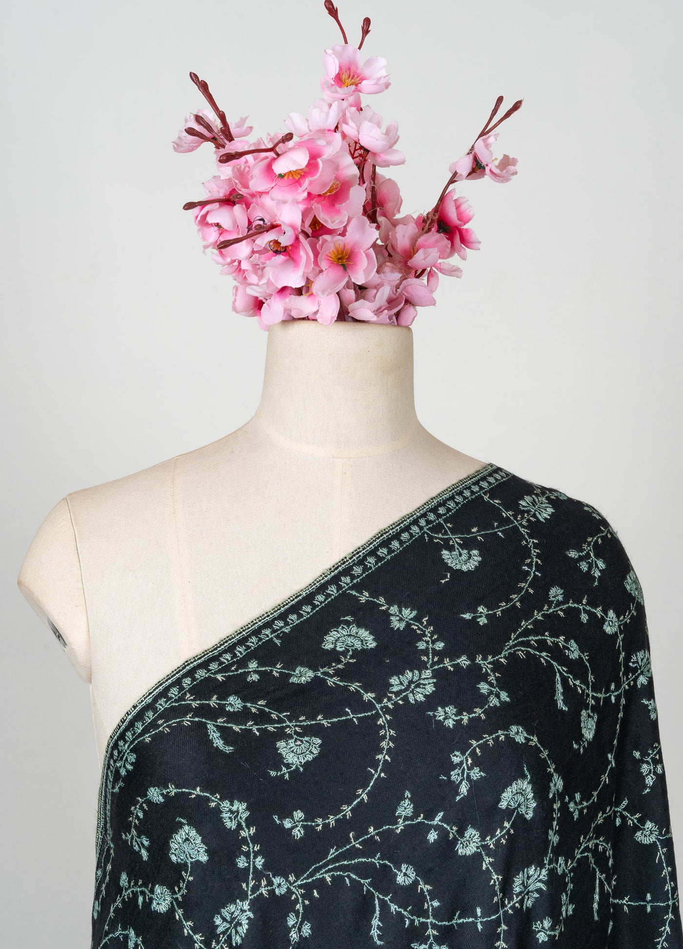 2.5 yards Sozni Hand Embroidered Pashmina: Midnight Teal Floral Trail