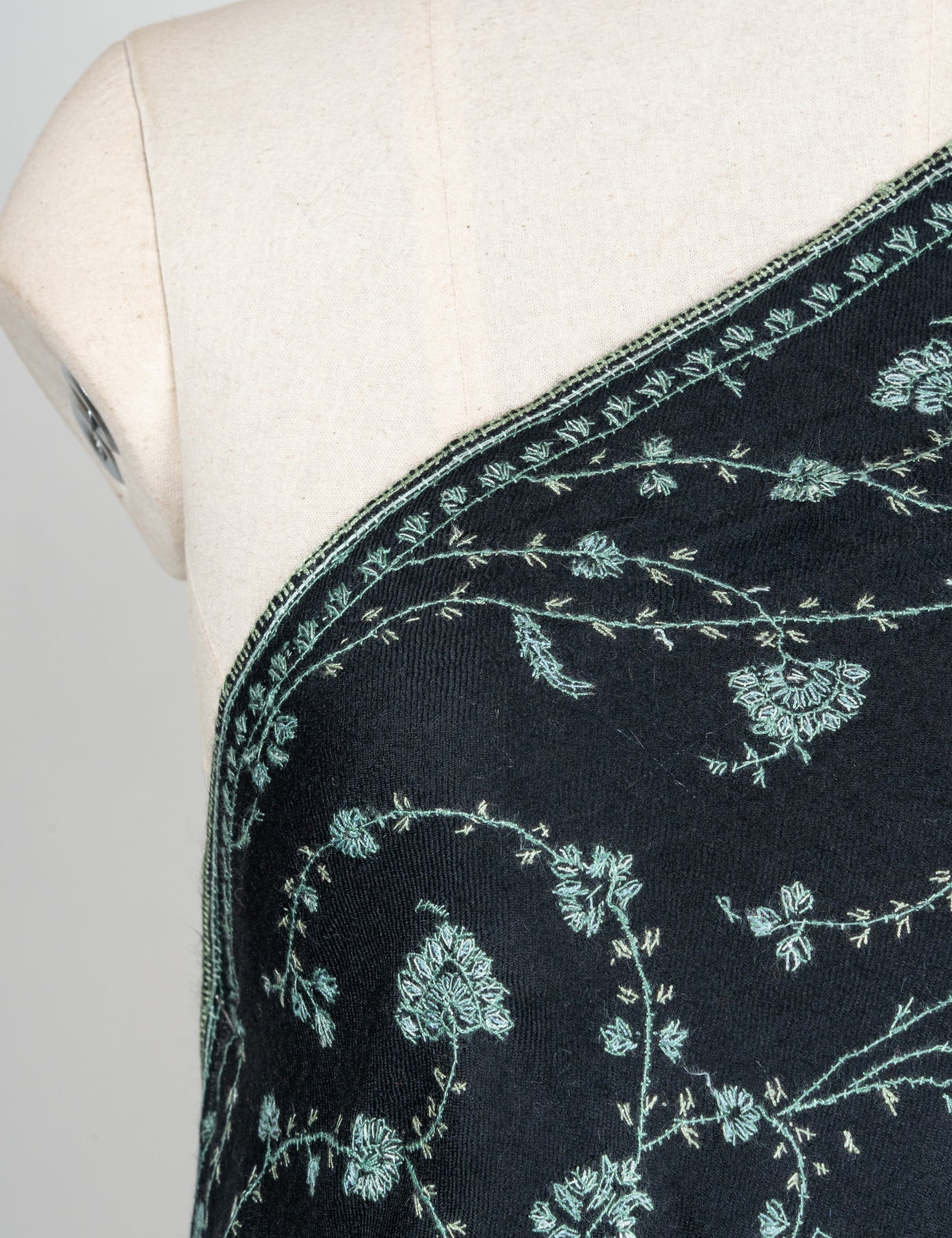 2.5 yards Sozni Hand Embroidered Pashmina: Midnight Teal Floral Trail