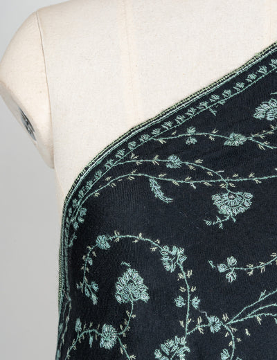 2.5 yards Sozni Hand Embroidered Pashmina: Midnight Teal Floral Trail
