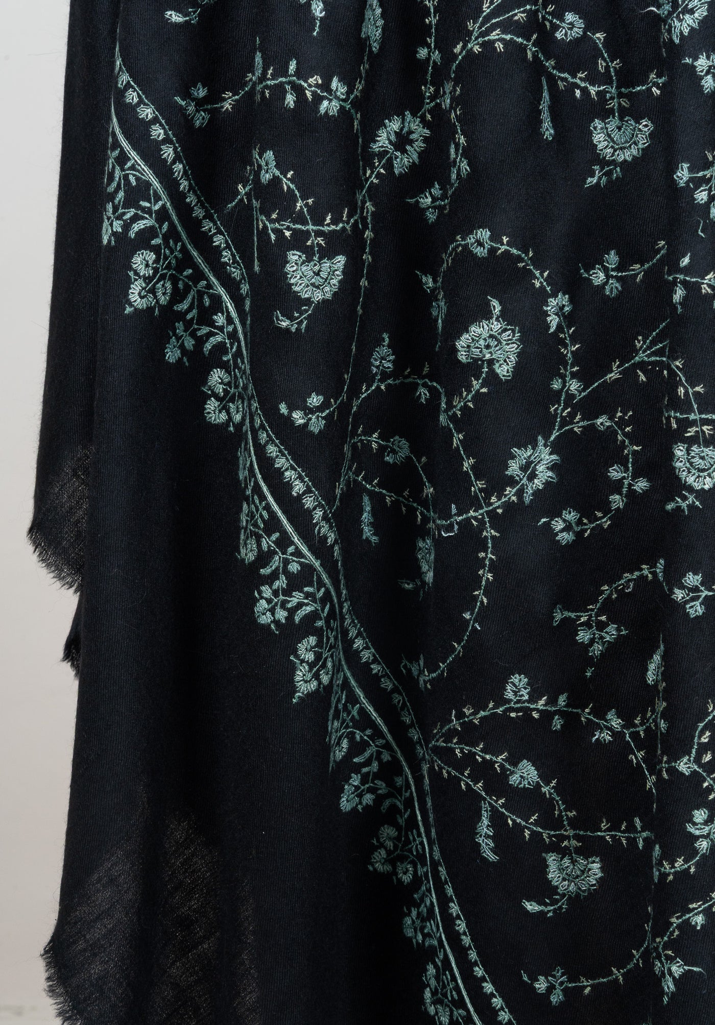 2.5 yards Sozni Hand Embroidered Pashmina: Midnight Teal Floral Trail
