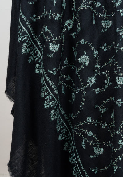 2.5 yards Sozni Hand Embroidered Pashmina: Midnight Teal Floral Trail
