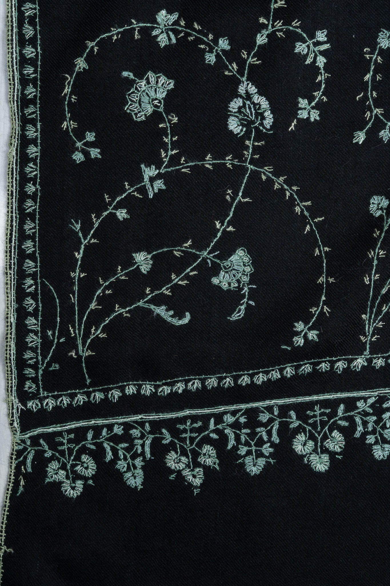 2.5 yards Sozni Hand Embroidered Pashmina: Midnight Teal Floral Trail