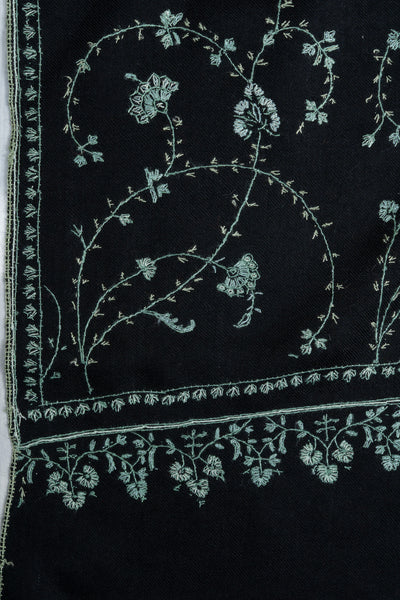 2.5 yards Sozni Hand Embroidered Pashmina: Midnight Teal Floral Trail