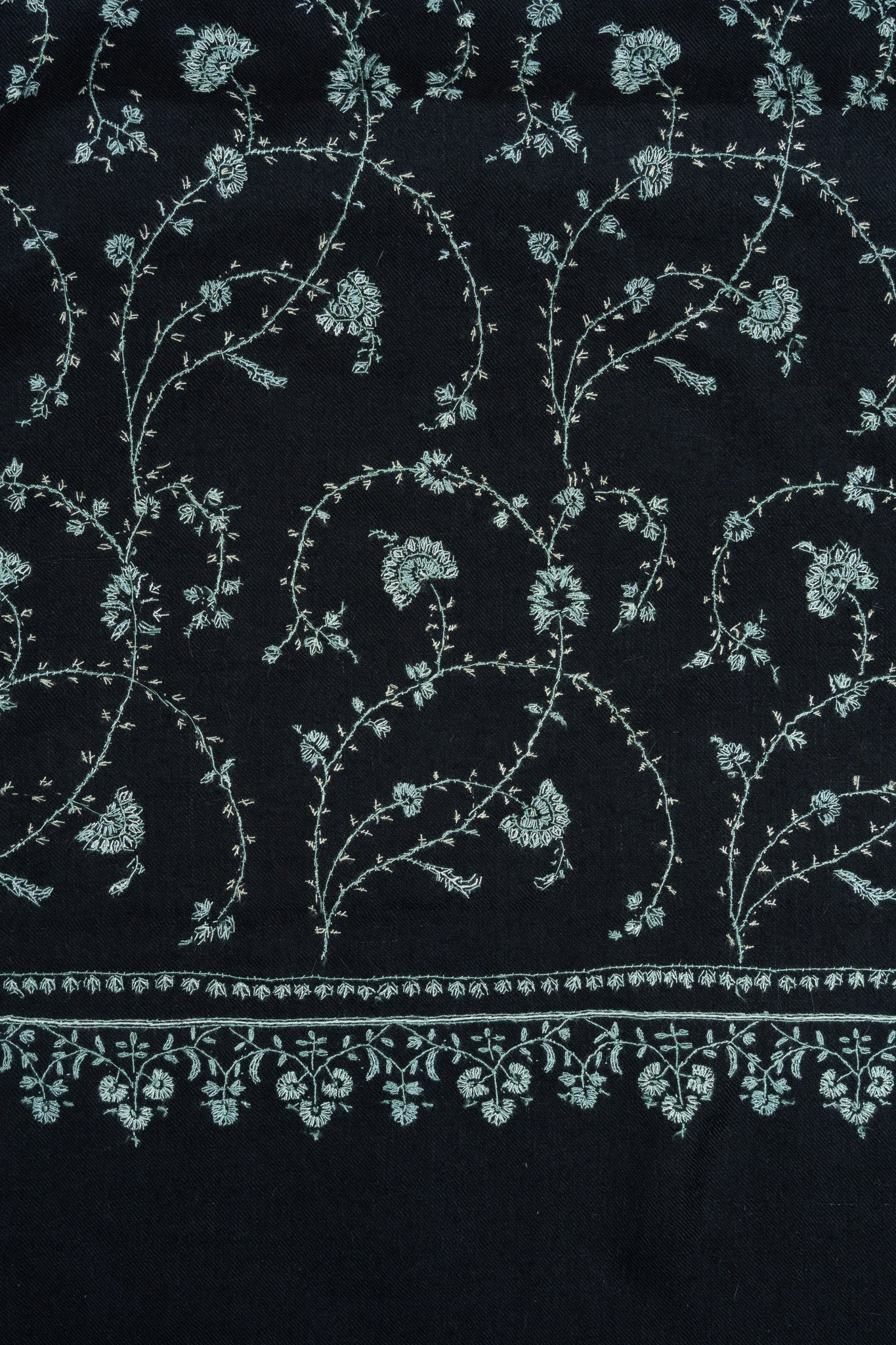 2.5 yards Sozni Hand Embroidered Pashmina: Midnight Teal Floral Trail