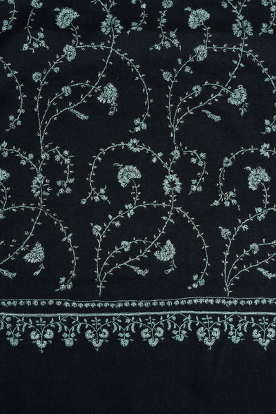2.5 yards Sozni Hand Embroidered Pashmina: Midnight Teal Floral Trail