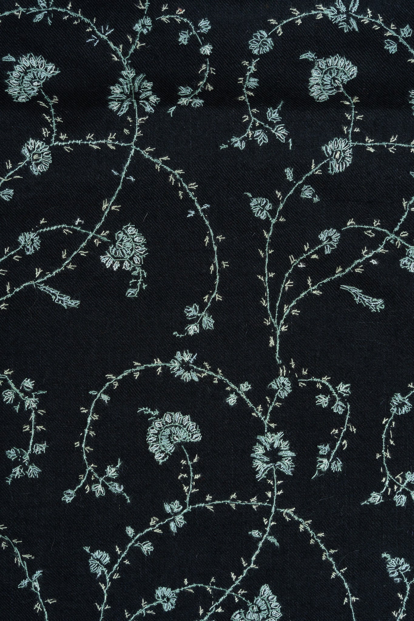 2.5 yards Sozni Hand Embroidered Pashmina: Midnight Teal Floral Trail