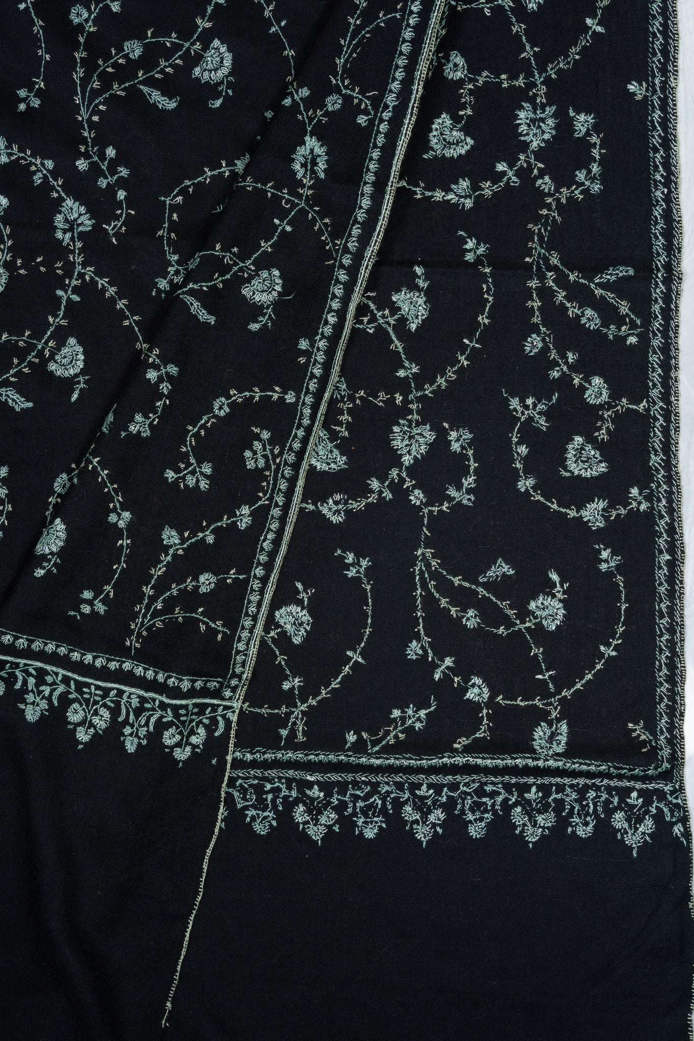 2.5 yards Sozni Hand Embroidered Pashmina: Midnight Teal Floral Trail