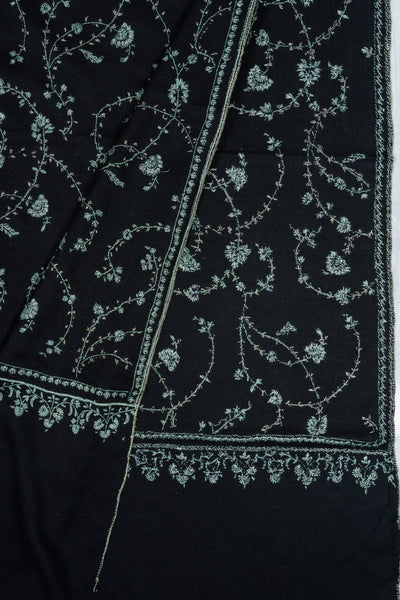 2.5 yards Sozni Hand Embroidered Pashmina: Midnight Teal Floral Trail