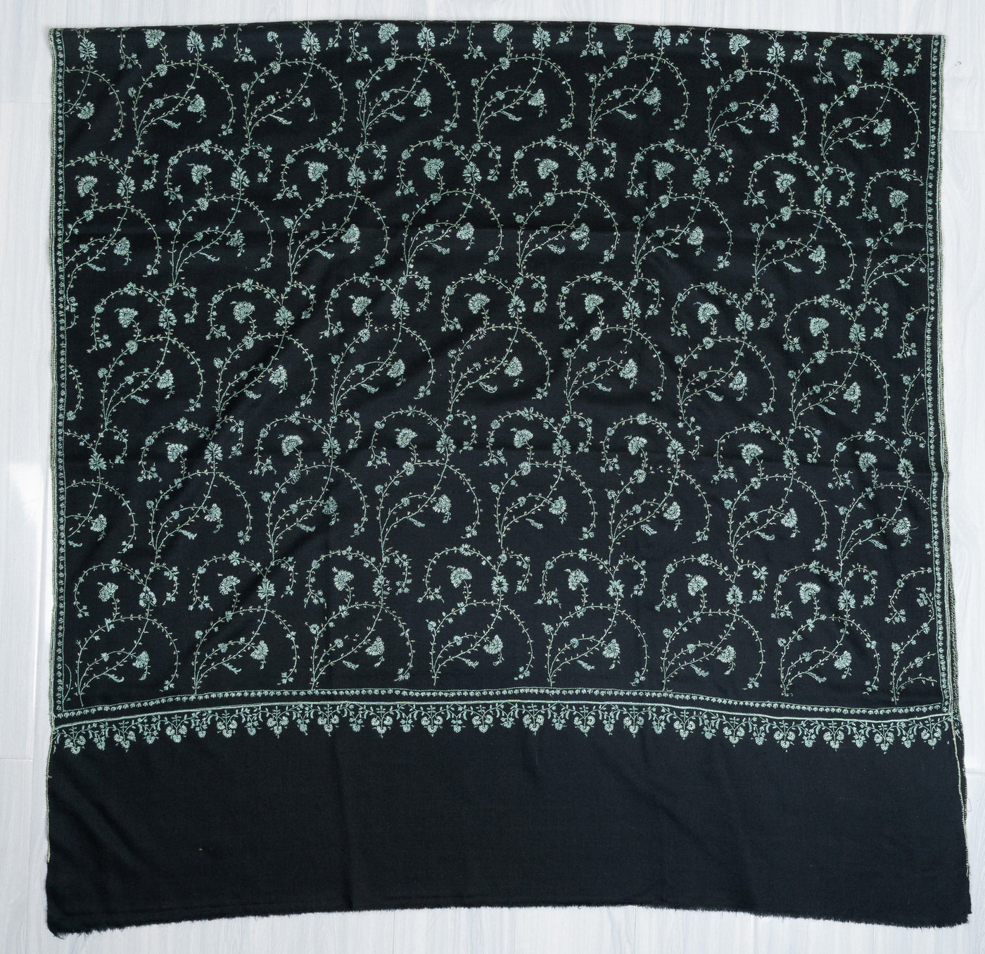 2.5 yards Sozni Hand Embroidered Pashmina: Midnight Teal Floral Trail