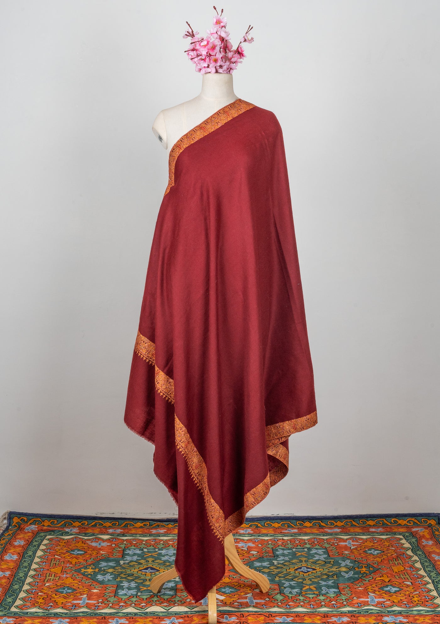 2.5 Yards: Sozni Hand Embroidered Pashmina: Deep Maroon Golden Edge Classic