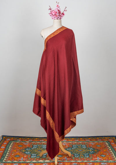 2.5 Yards: Sozni Hand Embroidered Pashmina: Deep Maroon Golden Edge Classic
