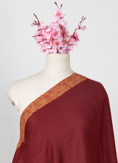 2.5 Yards: Sozni Hand Embroidered Pashmina: Deep Maroon Golden Edge Classic