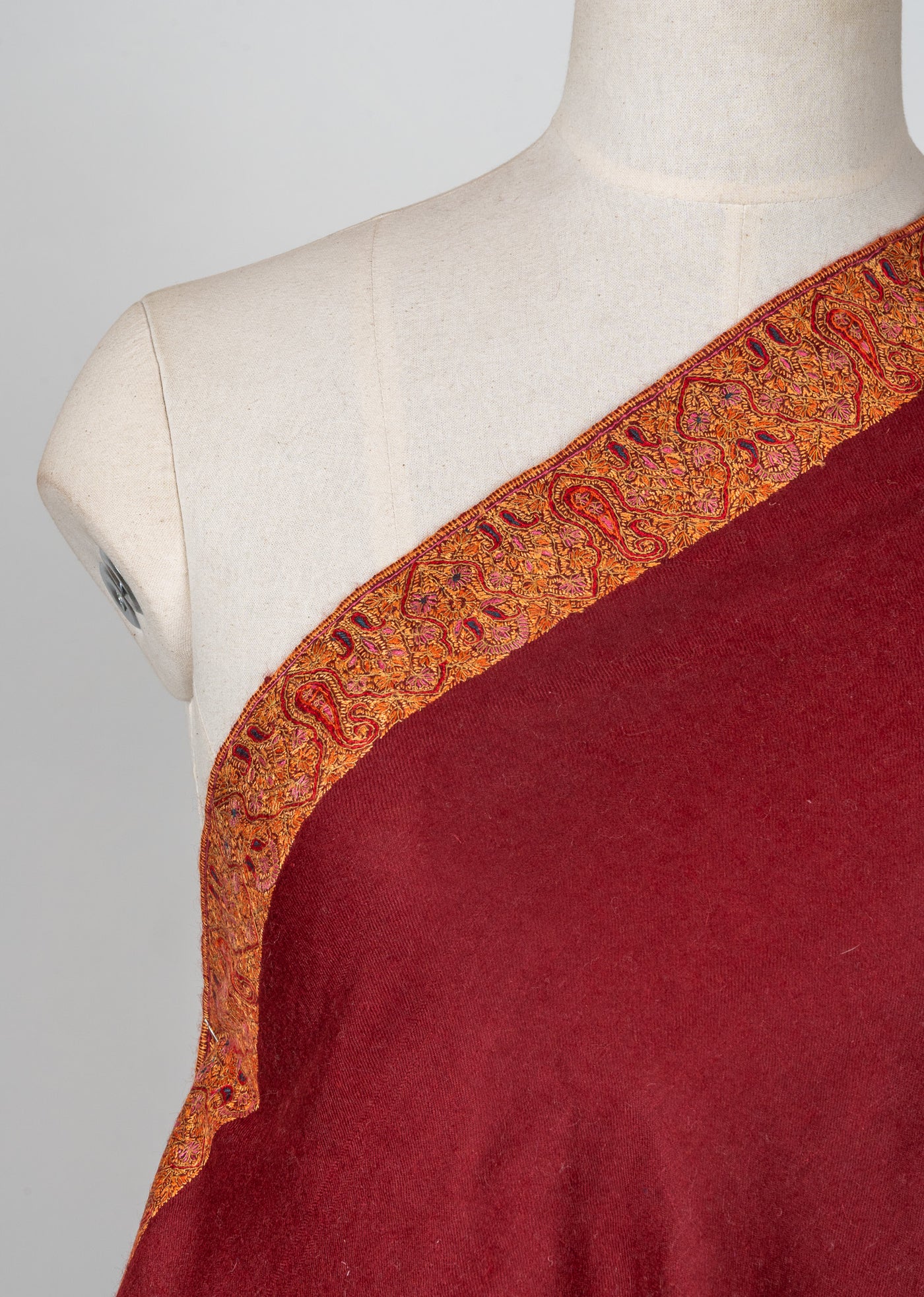 2.5 Yards: Sozni Hand Embroidered Pashmina: Deep Maroon Golden Edge Classic