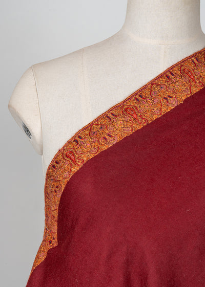 2.5 Yards: Sozni Hand Embroidered Pashmina: Deep Maroon Golden Edge Classic