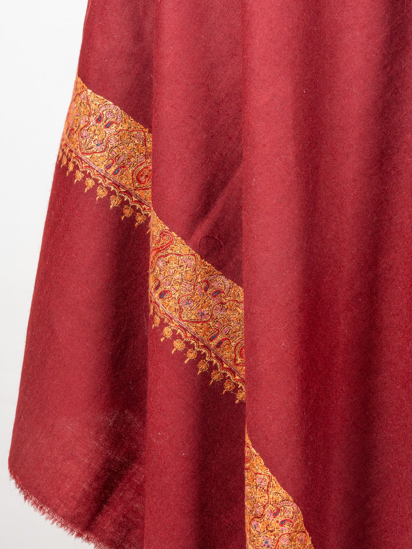 2.5 Yards: Sozni Hand Embroidered Pashmina: Deep Maroon Golden Edge Classic