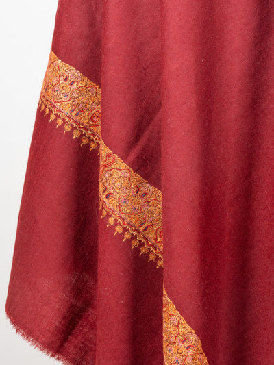 2.5 Yards: Sozni Hand Embroidered Pashmina: Deep Maroon Golden Edge Classic