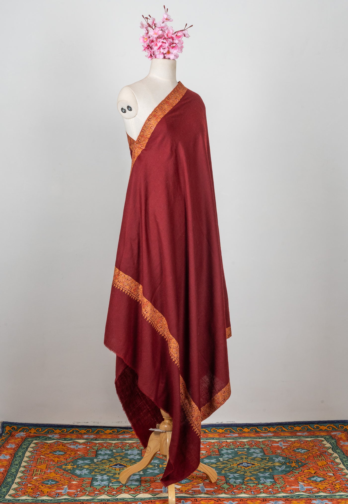 2.5 Yards: Sozni Hand Embroidered Pashmina: Deep Maroon Golden Edge Classic