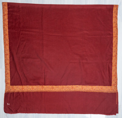 2.5 Yards: Sozni Hand Embroidered Pashmina: Deep Maroon Golden Edge Classic