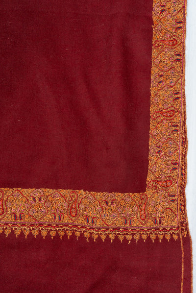 2.5 Yards: Sozni Hand Embroidered Pashmina: Deep Maroon Golden Edge Classic