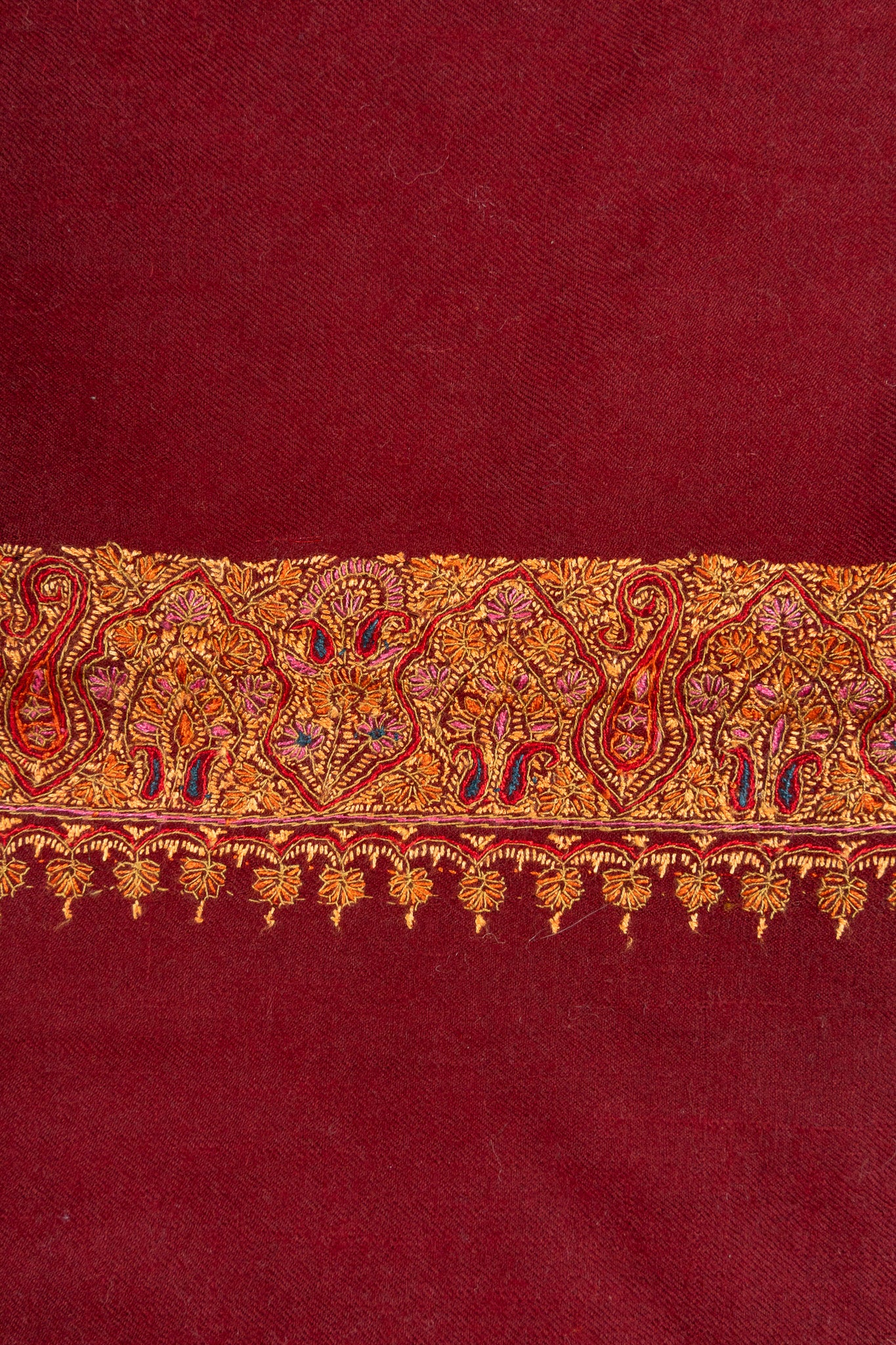 2.5 Yards: Sozni Hand Embroidered Pashmina: Deep Maroon Golden Edge Classic