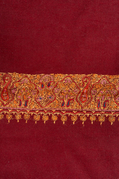 2.5 Yards: Sozni Hand Embroidered Pashmina: Deep Maroon Golden Edge Classic