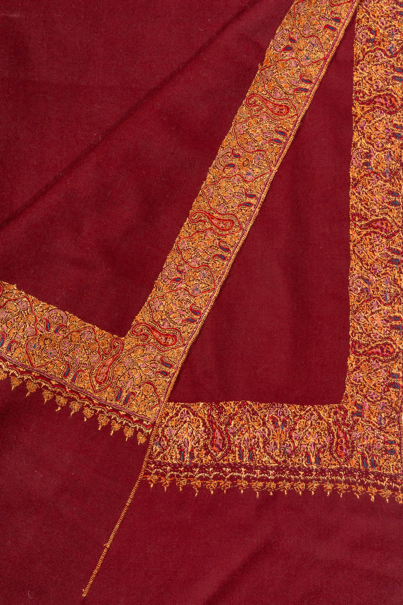 2.5 Yards: Sozni Hand Embroidered Pashmina: Deep Maroon Golden Edge Classic