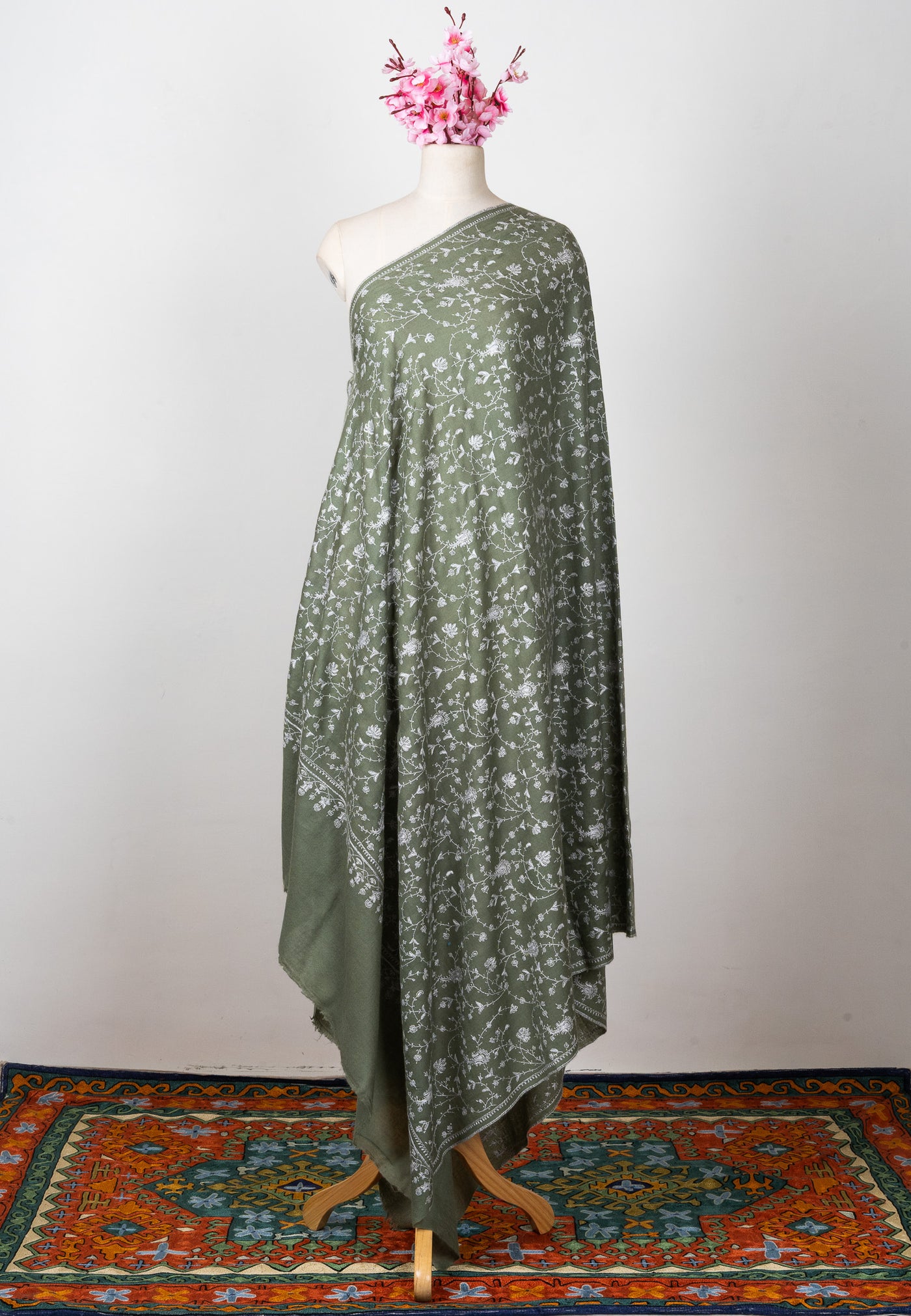 2.5 Yards Sozni Hand Embroidered Pashmina: Olive Meadow Floral Spread