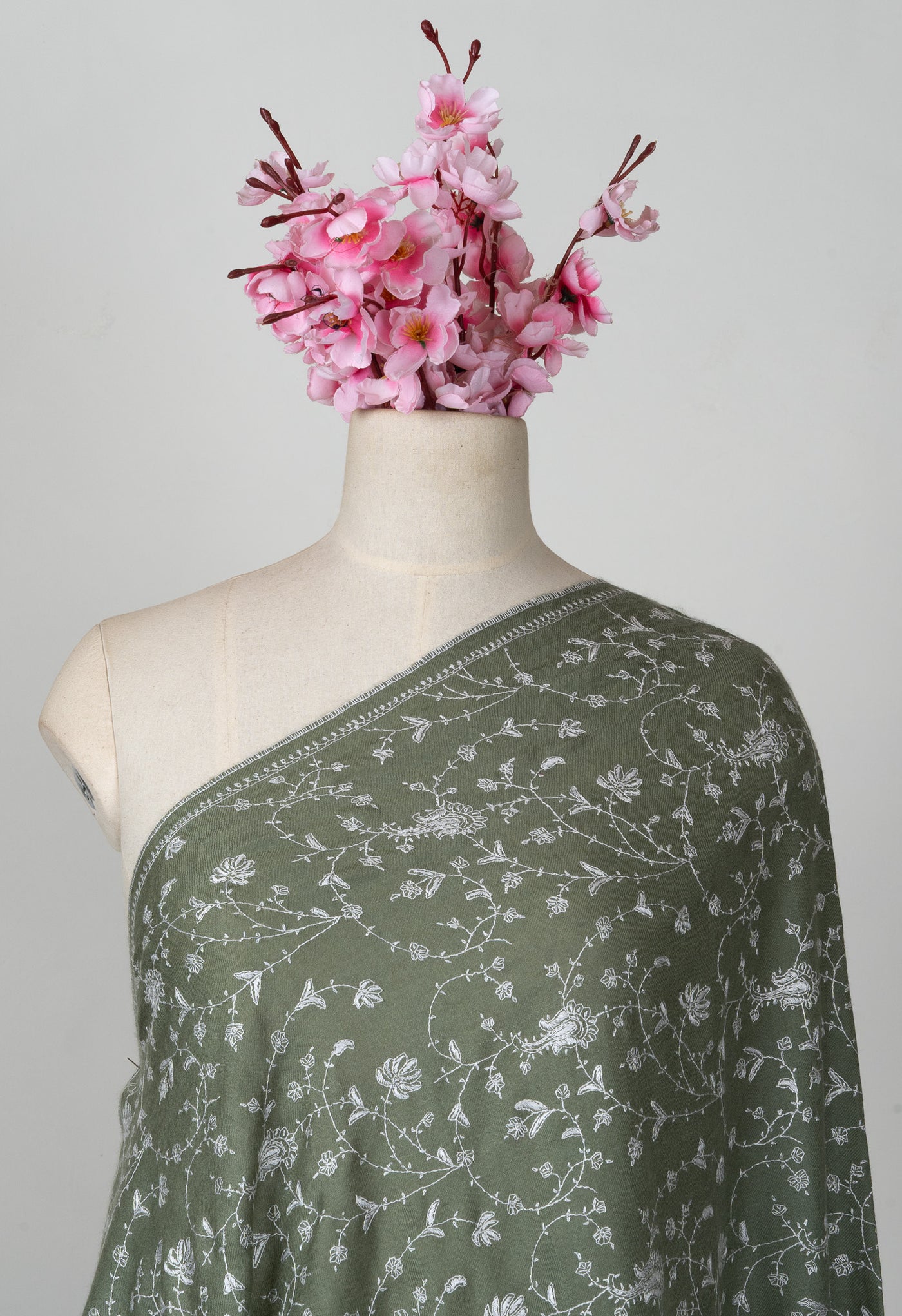 2.5 Yards Sozni Hand Embroidered Pashmina: Olive Meadow Floral Spread